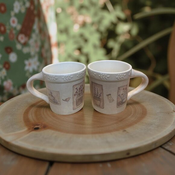 2 Summer Fields Sonoma Ceramic Mugs Rustic Botanical & Bird Motif Design - Picture 8 of 8